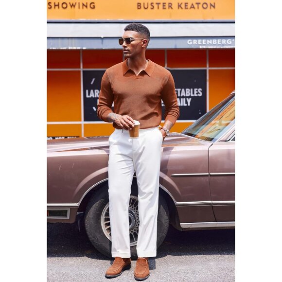 Men's Knit Polo Sweater V-Neck Long Sleeve Dress Pullover Sweater Light Brown - Picture 4 of 5